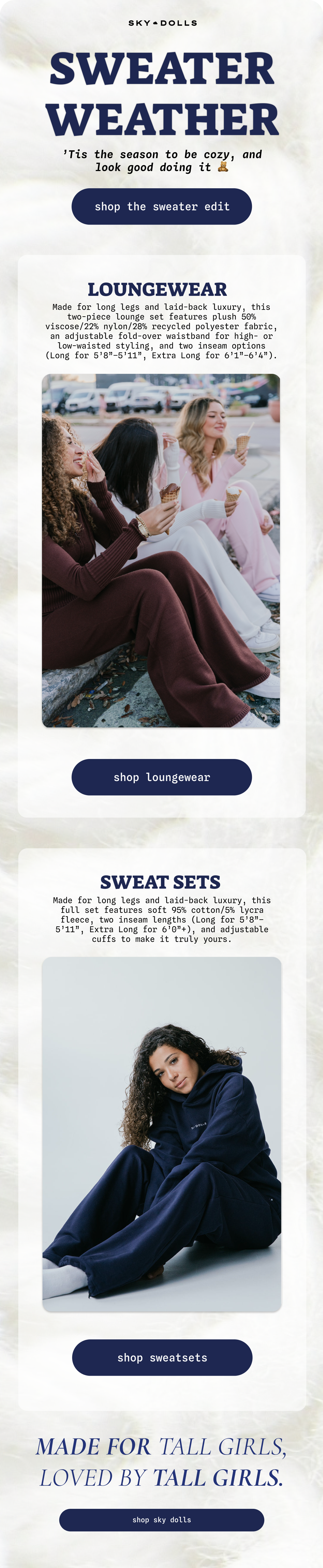 Sky Dolls Sweater Weather - Tall girls loungewear campaign